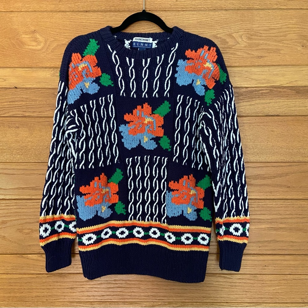 Vintage 90s hand knit Renny cotton floral abstract sweater